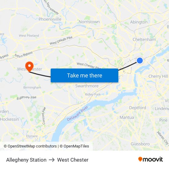 Allegheny Station to West Chester map
