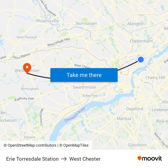 Erie Torresdale Station to West Chester map