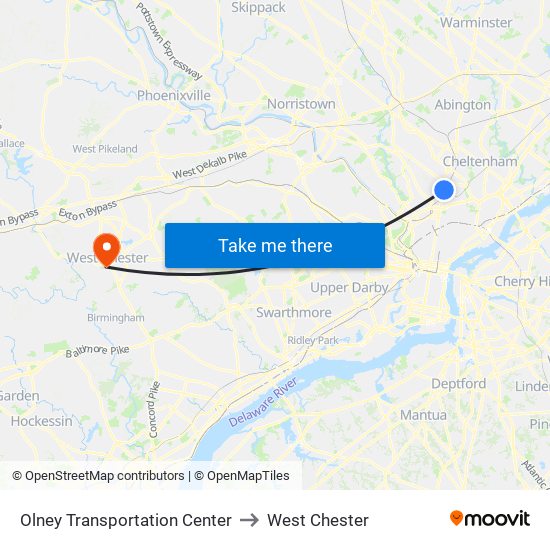 Olney Transportation Center to West Chester map