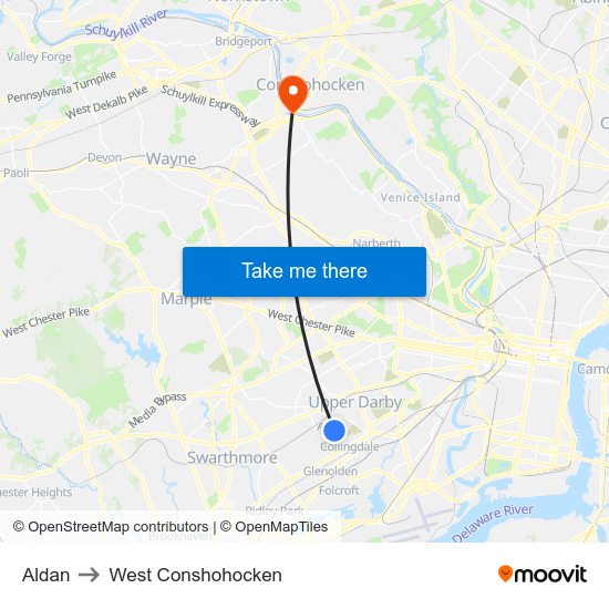 Aldan to West Conshohocken map