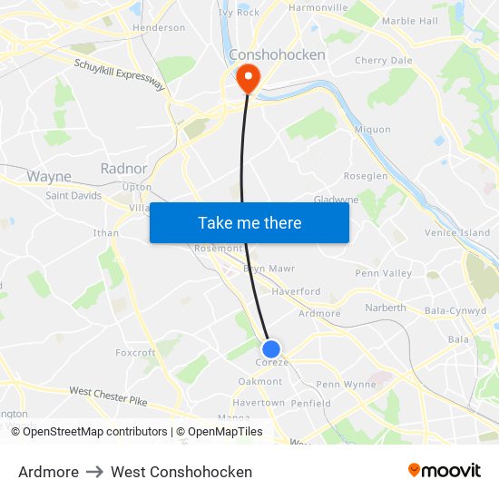 Ardmore to West Conshohocken map