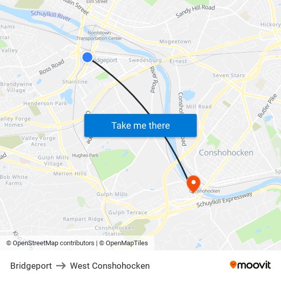 Bridgeport to West Conshohocken map