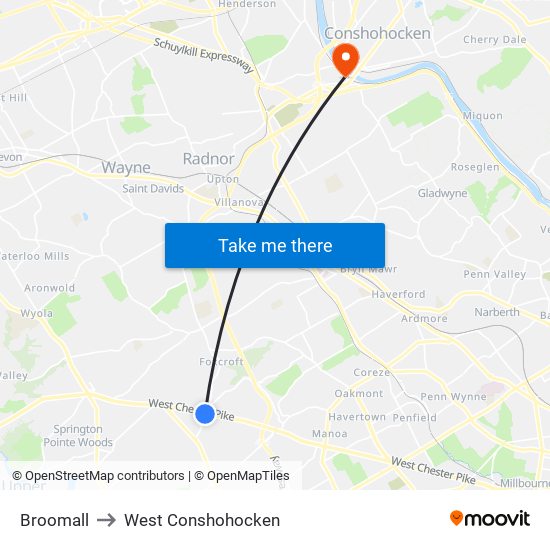 Broomall to West Conshohocken map