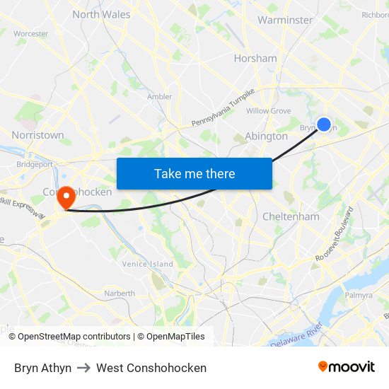 Bryn Athyn to West Conshohocken map