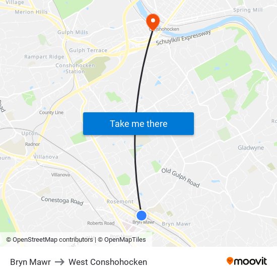 Bryn Mawr to West Conshohocken map