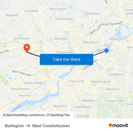 Burlington to West Conshohocken map