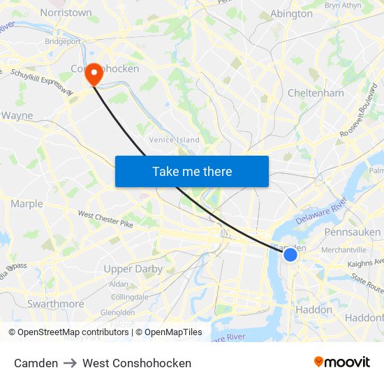 Camden to West Conshohocken map