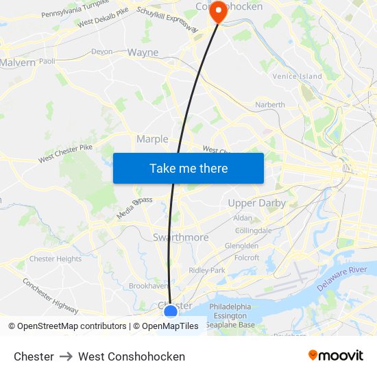 Chester to West Conshohocken map