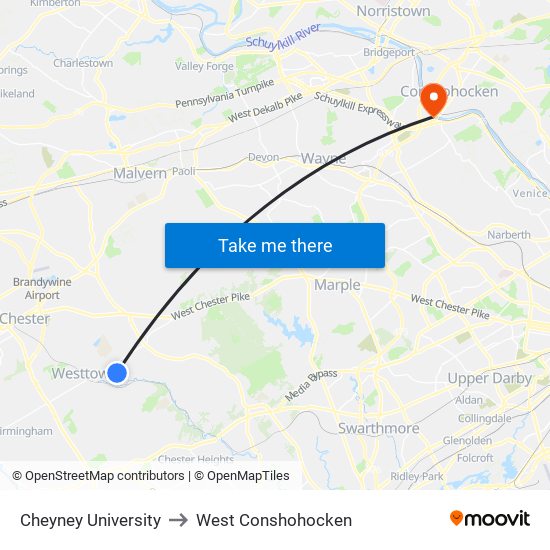 Cheyney University to West Conshohocken map