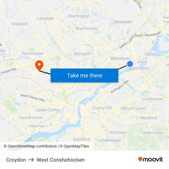 Croydon to West Conshohocken map