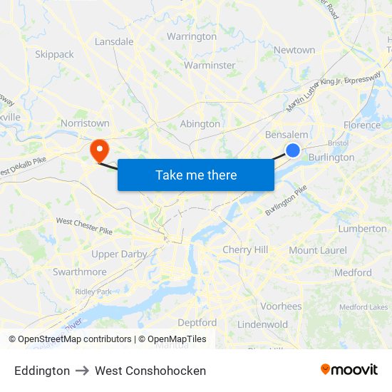 Eddington to West Conshohocken map