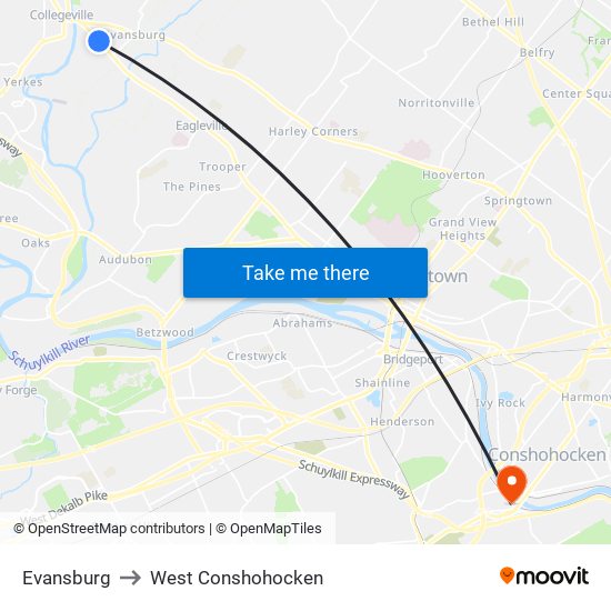 Evansburg to West Conshohocken map