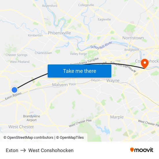 Exton to West Conshohocken map