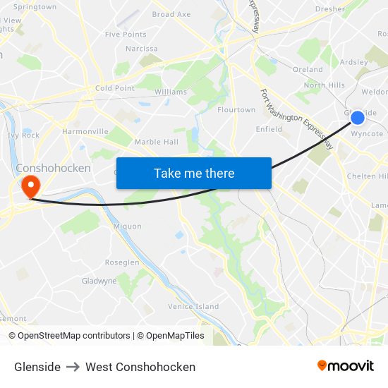 Glenside to West Conshohocken map