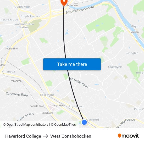 Haverford College to West Conshohocken map
