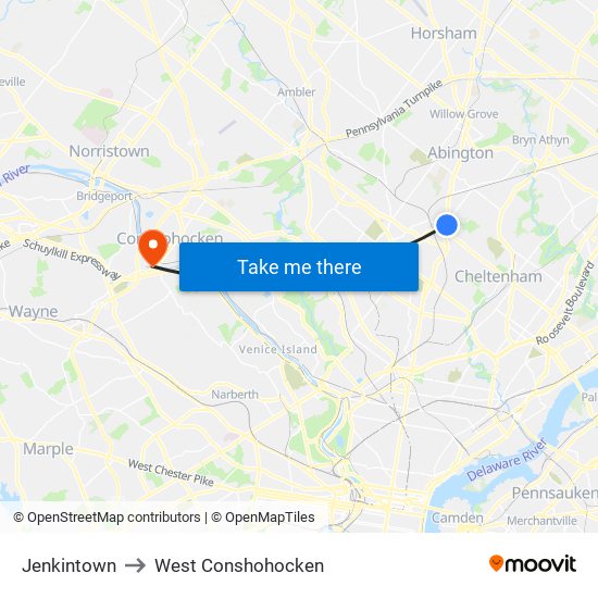 Jenkintown to West Conshohocken map