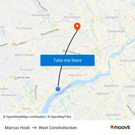 Marcus Hook to West Conshohocken map