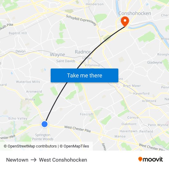 Newtown to West Conshohocken map