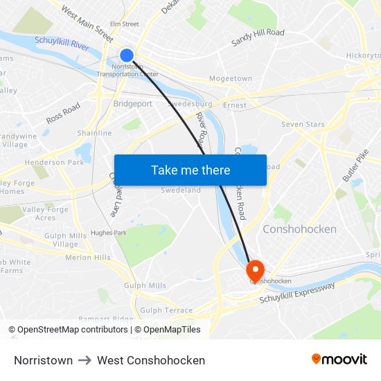 Norristown to West Conshohocken map