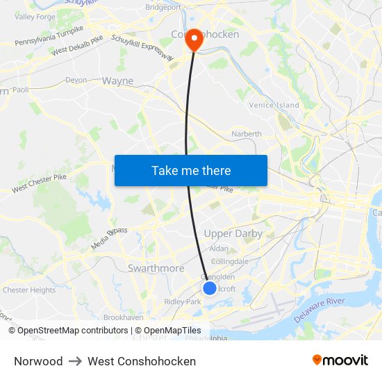 Norwood to West Conshohocken map