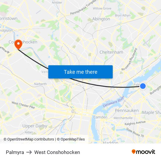 Palmyra to West Conshohocken map