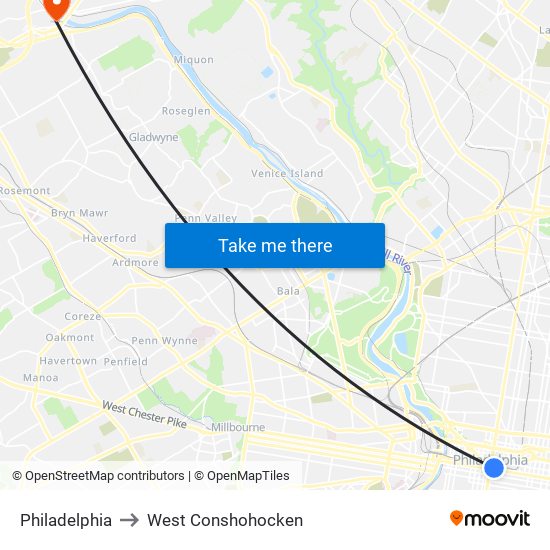 Philadelphia to West Conshohocken map