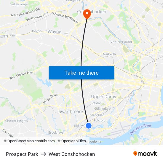 Prospect Park to West Conshohocken map