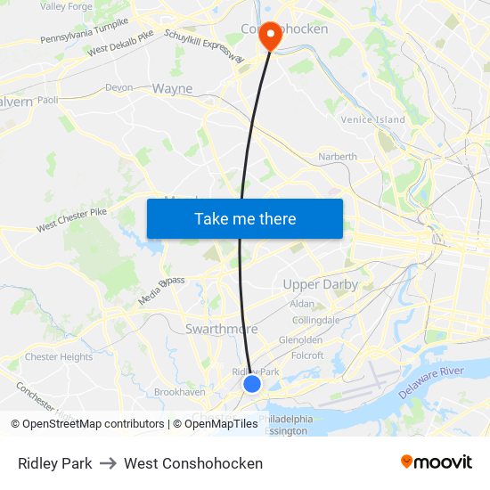 Ridley Park to West Conshohocken map