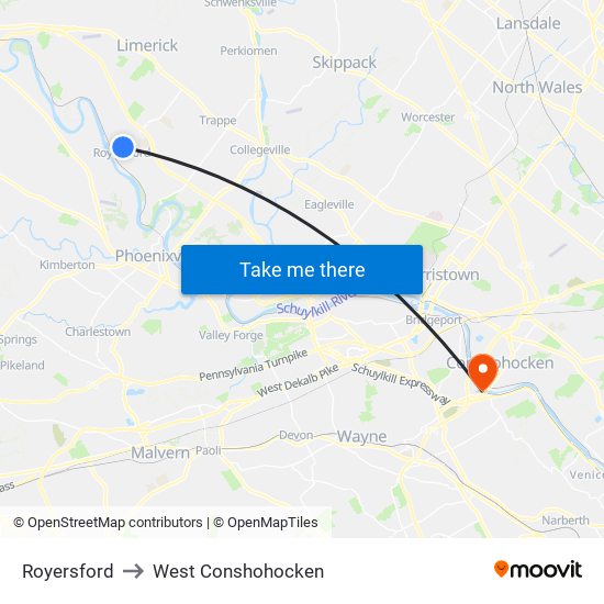 Royersford to West Conshohocken map