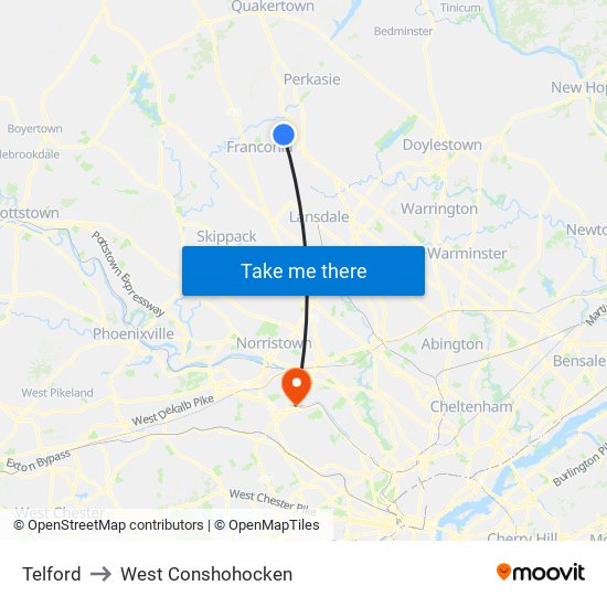 Telford to West Conshohocken map