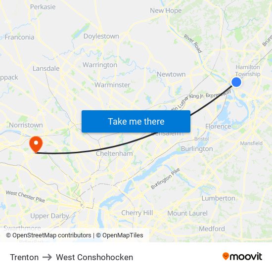 Trenton to West Conshohocken map