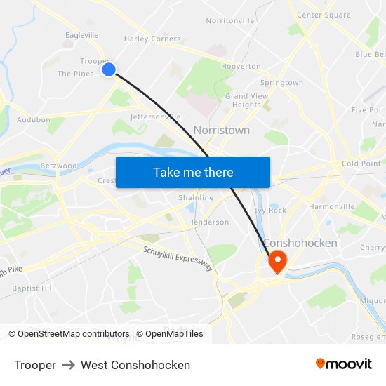 Trooper to West Conshohocken map