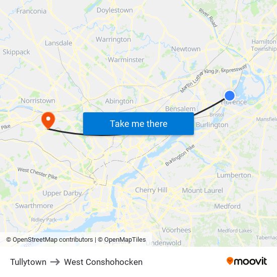 Tullytown to West Conshohocken map