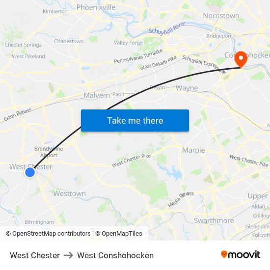 West Chester to West Conshohocken map