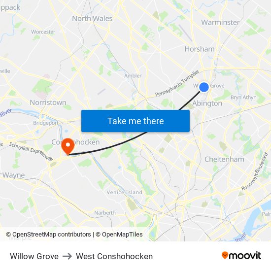 Willow Grove to West Conshohocken map