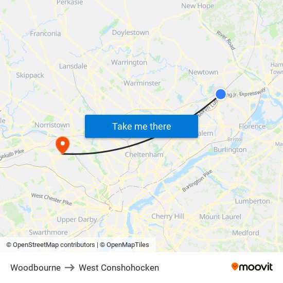 Woodbourne to West Conshohocken map