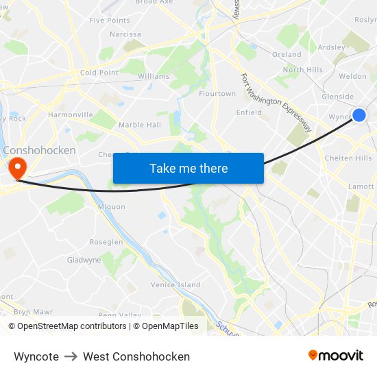 Wyncote to West Conshohocken map