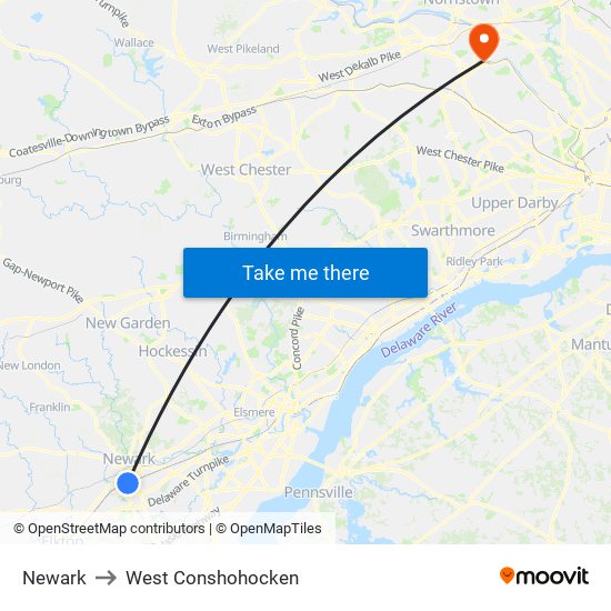 Newark to West Conshohocken map