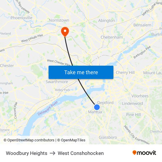 Woodbury Heights to West Conshohocken map