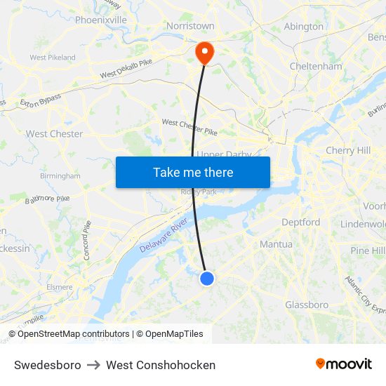 Swedesboro to West Conshohocken map