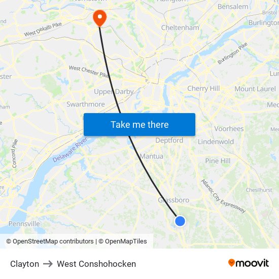 Clayton to West Conshohocken map
