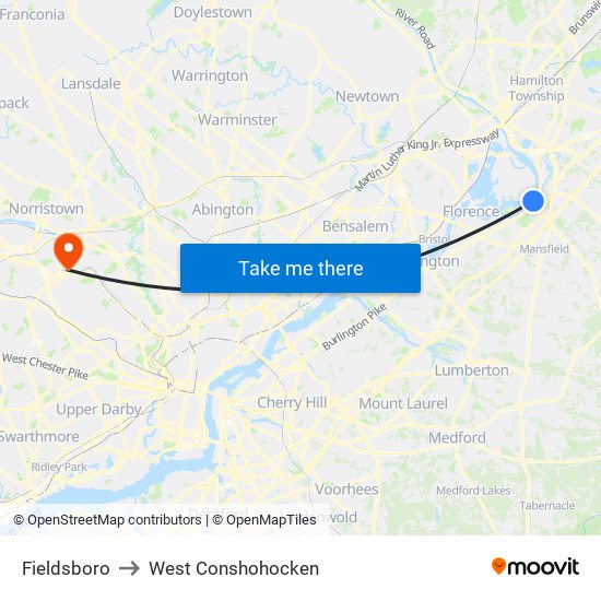 Fieldsboro to West Conshohocken map