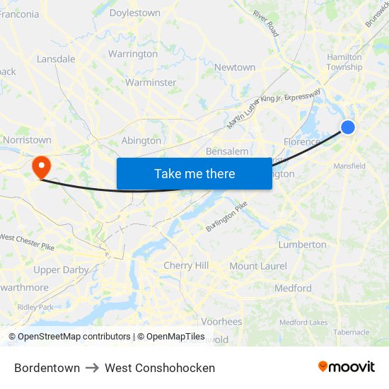 Bordentown to West Conshohocken map