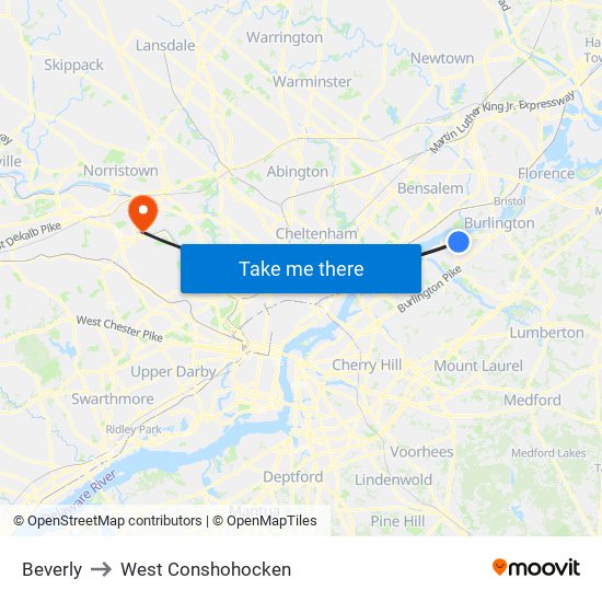Beverly to West Conshohocken map