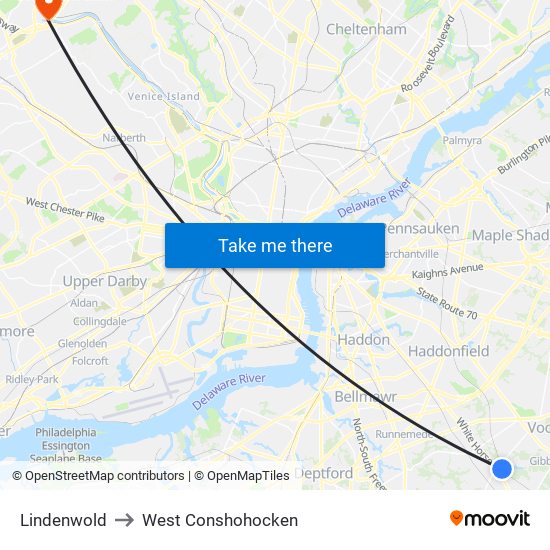 Lindenwold to West Conshohocken map