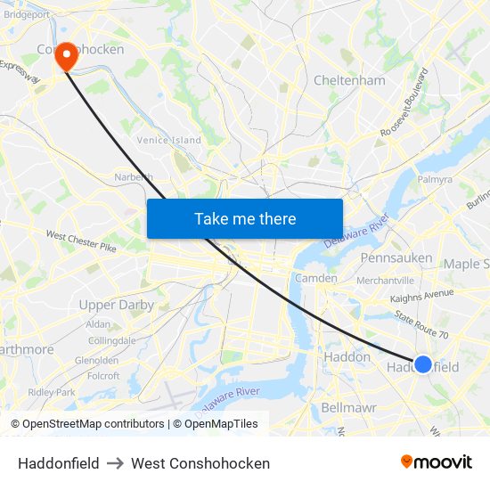 Haddonfield to West Conshohocken map