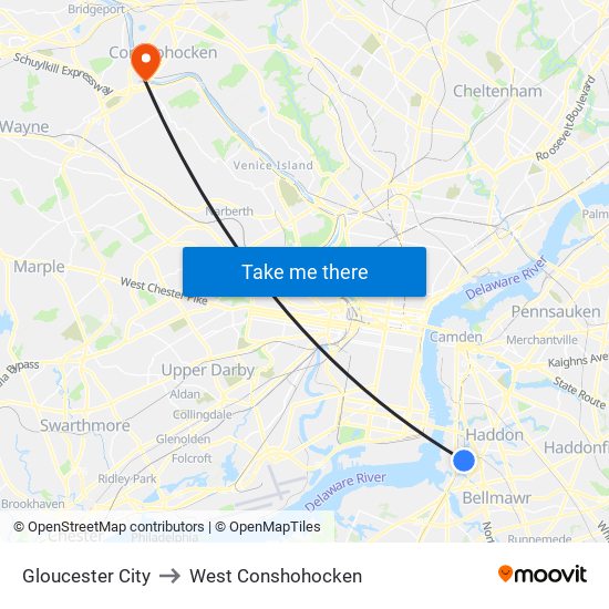 Gloucester City to West Conshohocken map