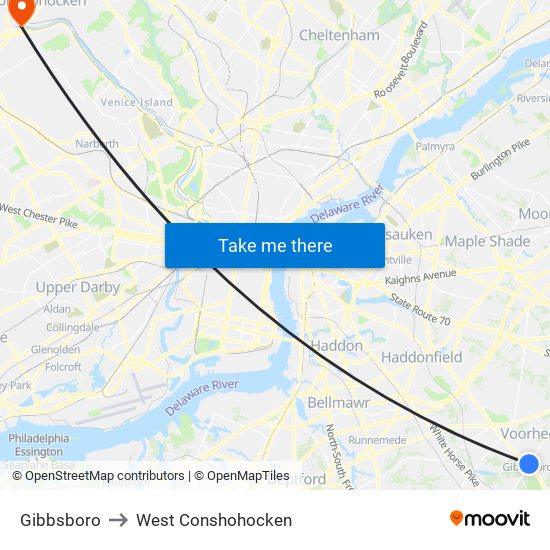 Gibbsboro to West Conshohocken map