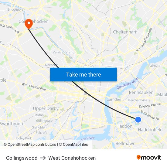 Collingswood to West Conshohocken map