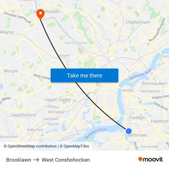 Brooklawn to West Conshohocken map